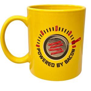 Vintage Powered by Bacon Frying Pan Coffee Mug Cup Yelllow Ceramic Novelty